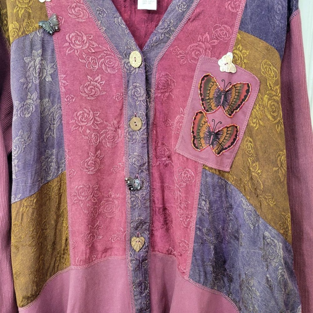 Art to Wear Beaded Butterfly Patchwork Lagen Look Button Front Top - Picture 6 of 7